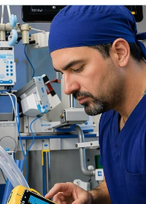 Biomedical technician performing equipment repair