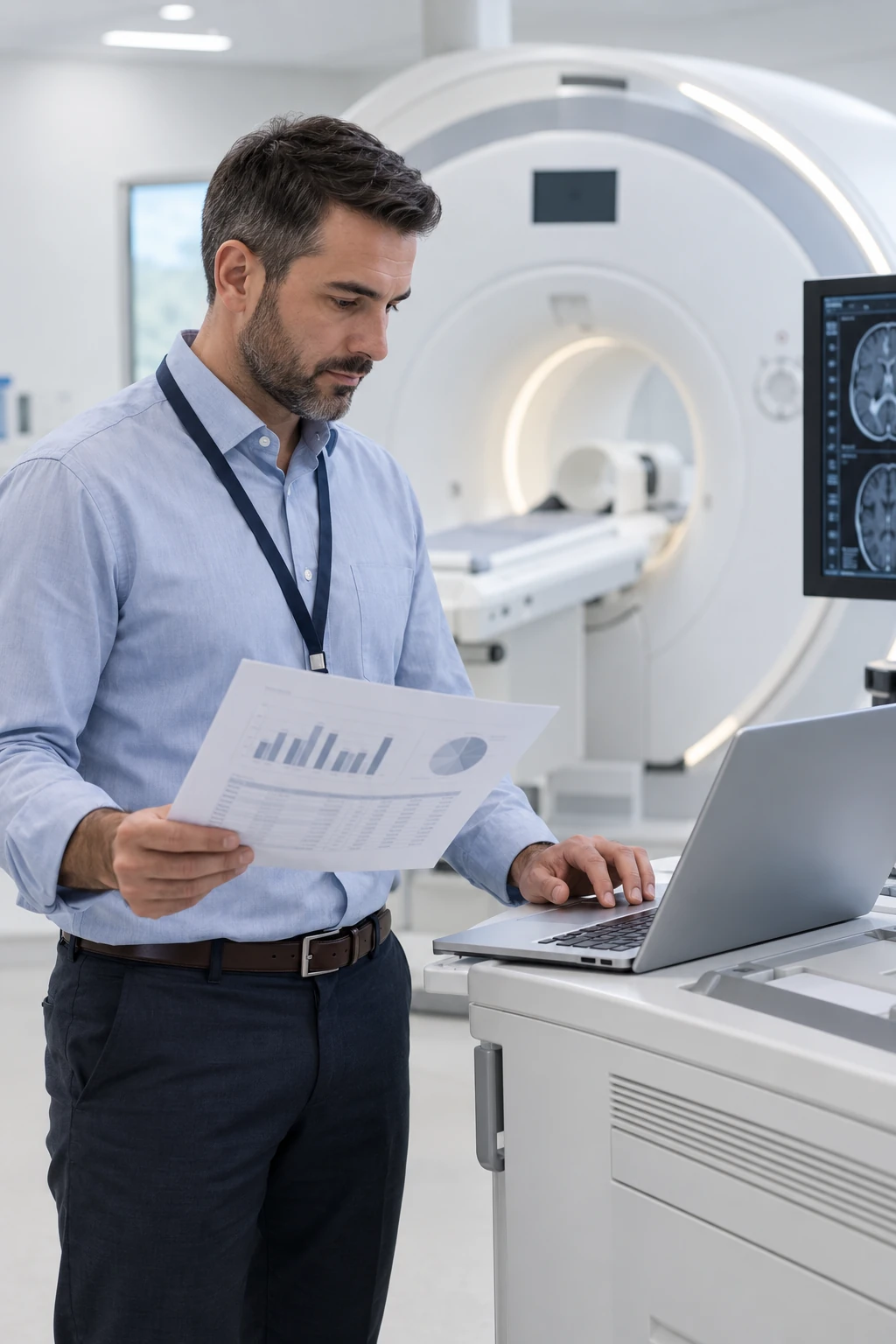 Healthcare technology manager reviewing equipment plans beside an MRI system