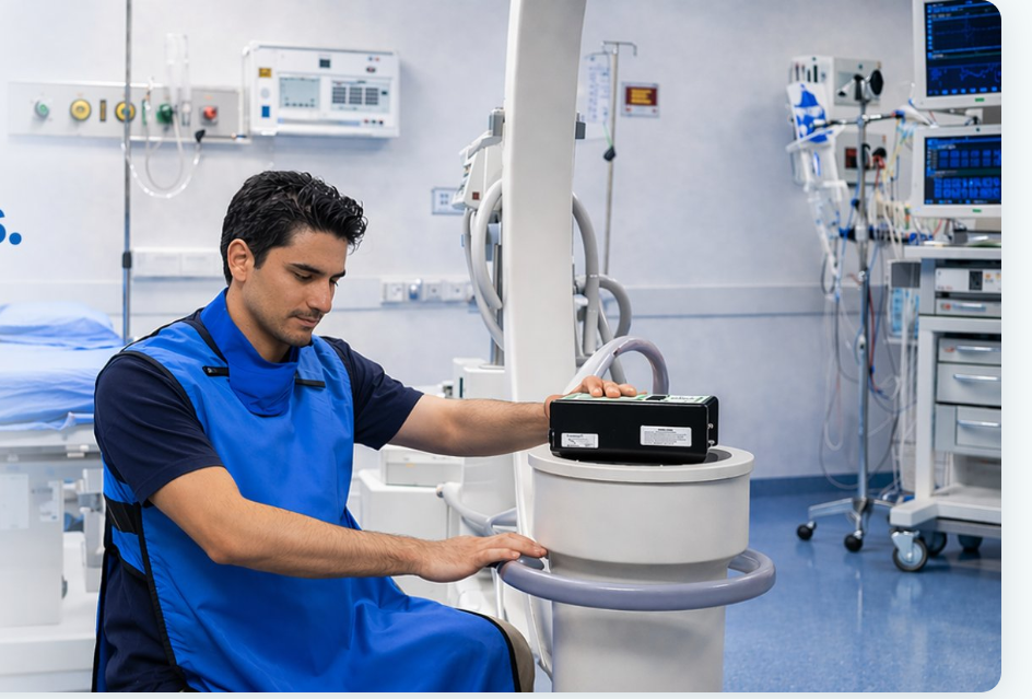 Technician inspecting a C-Arm in a clinical room